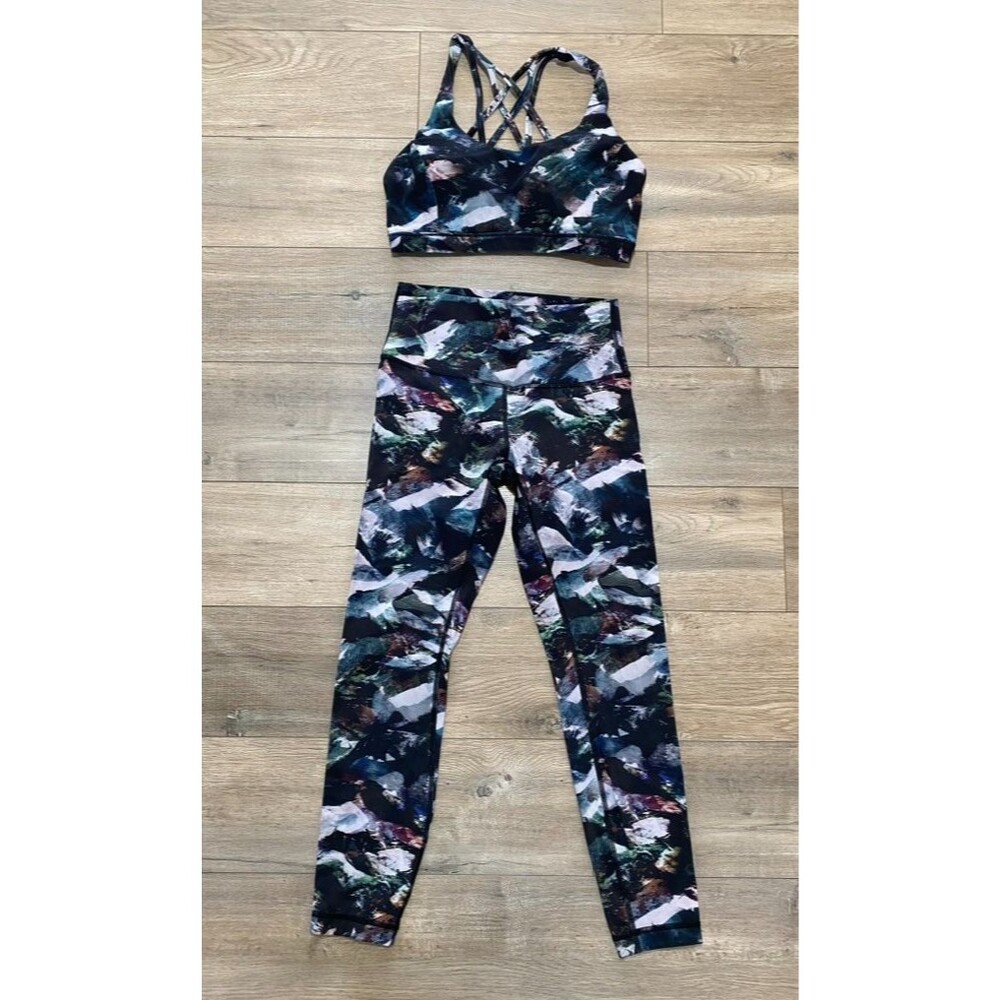 LULULEMON Glacier Camo Set Womens 6 Wunder Under Tight 8 Free To Be Serene Top